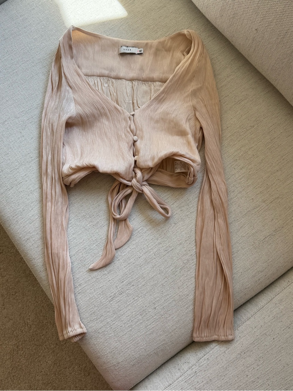 Lush Beige Tie-Front Long Sleeve Crop Top NWOT